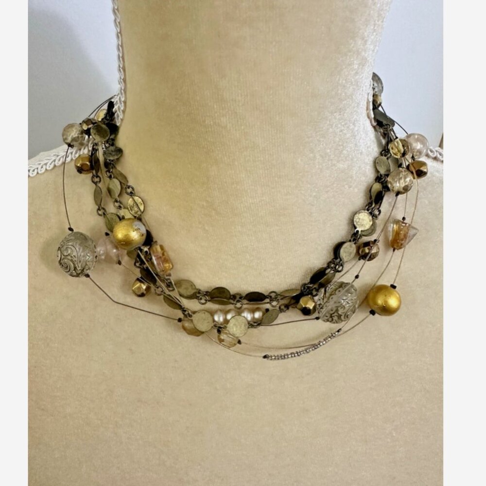 CHICOS Gold Beaded Multi-Strand Choker Necklace Vintage